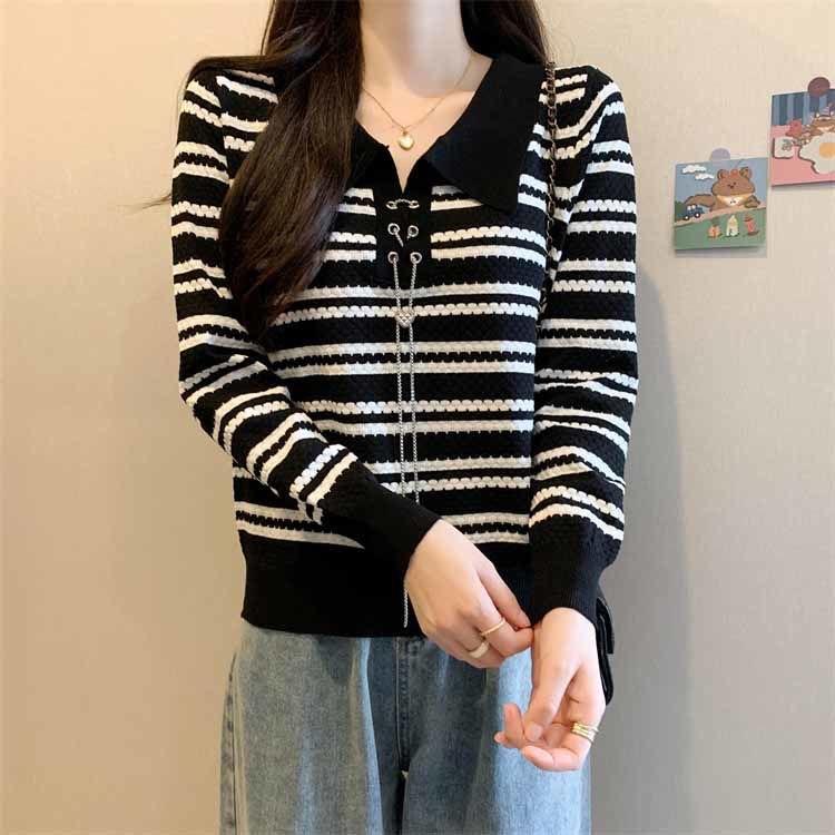 POLO Collar Chain Long Sleeved Striped Knitted Sweater Women's Autumn Outfit New Slim Fit Short Top Base Shirt Women's Clothing