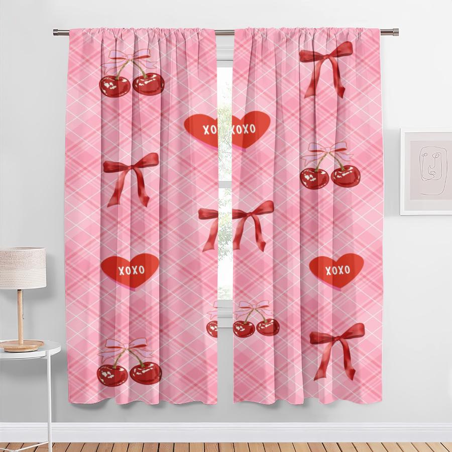 2PCS Pink Grid Cherry Love "XOXO" Curtains   Sweet and Cool Style   Bedroom and Living Room   Drawbar Pocket Decorative Curtains