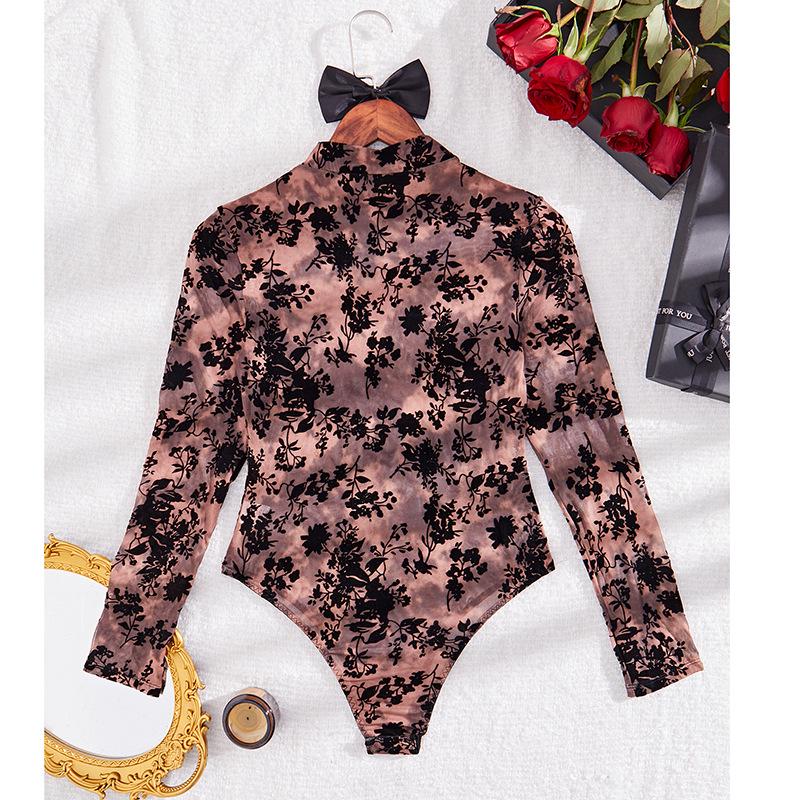 Autumn/Winter See-through Lace Mesh Long Sleeve Slim Fit Bodysuit