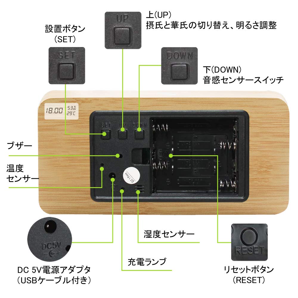 Wecker, Holzmaserung, LED Digitaluhr, Wecker, Thermometer/Hygrometer, Kalender, Sprachgesteuert, USB/Batteriebetrieben, Gelb
