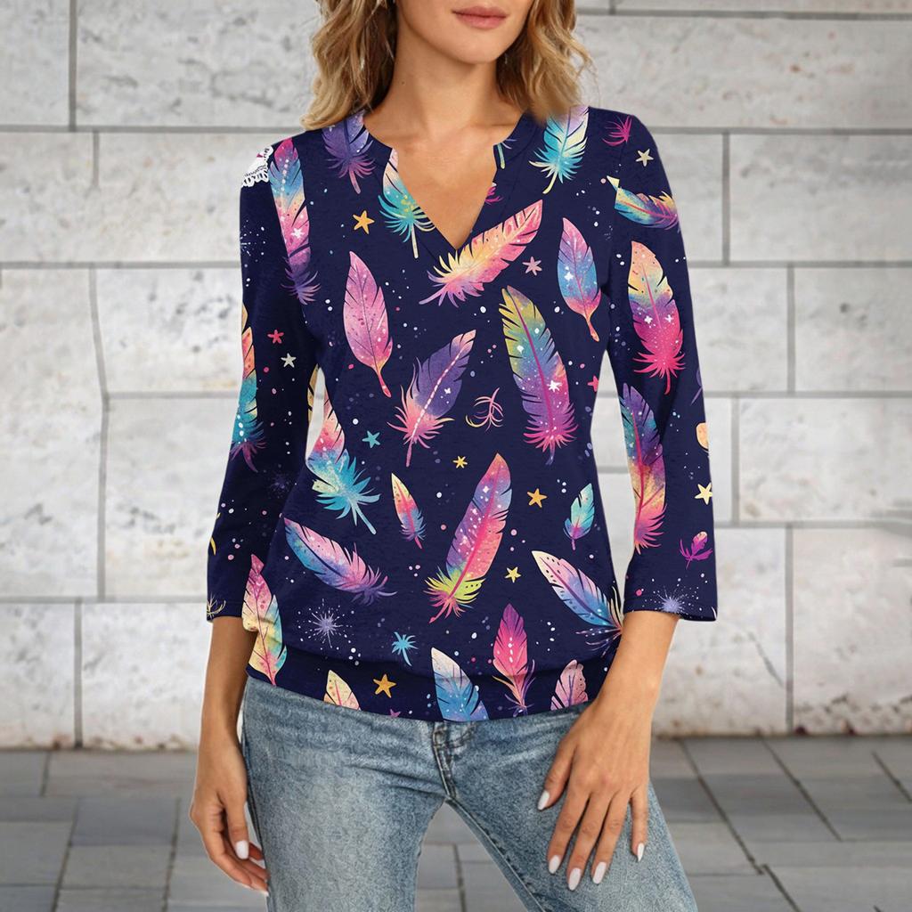Women's 3/4 Sleeve Top With Cuffed Hem, V-Neck, Summer Casual -Shirt, Carnival Printed Top