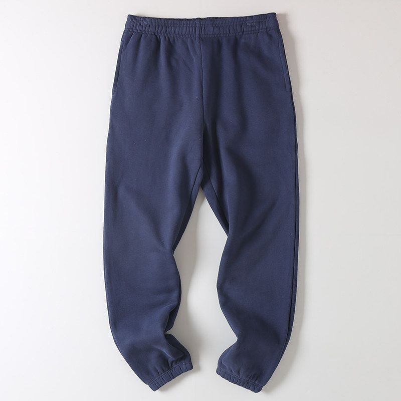 Fashion Brand Carbon Soft Grinding Fabric Ankle-Tied Sweatpants Men and Women Couple Fall and Winter Thin Velvet Pure Color Exercise Casual Pants Navy blue S