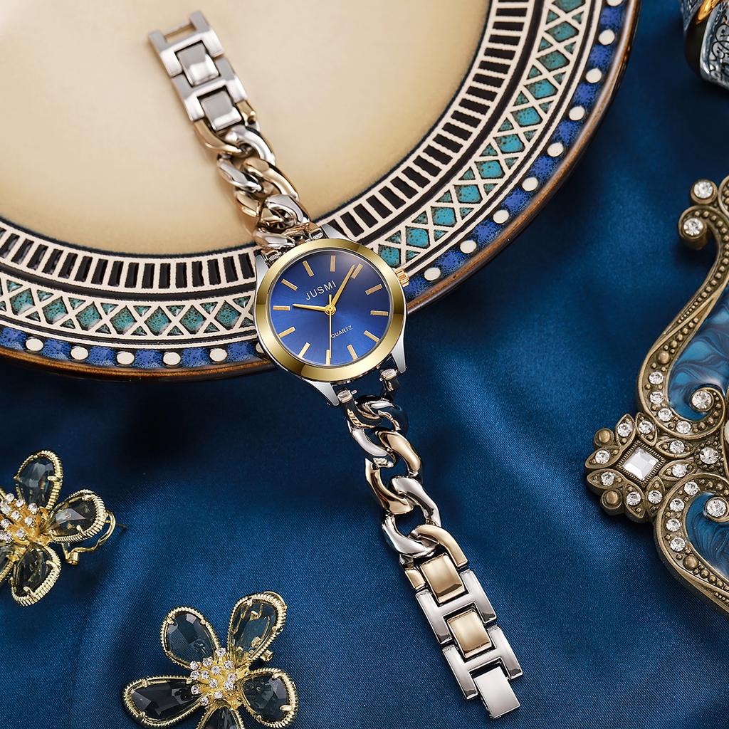 Damen modische hochwertige Balkenwaage rundes Zifferblatt Schnalle Stahlband Quarz Uhr.