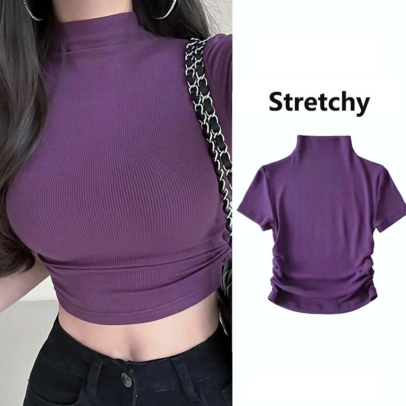 

Топы, женские эластичные винтажные футболки с высоким воротом, тонкое, с короткими рукавами, внутри, однотонное, короткое женское платье