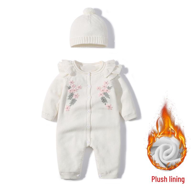 Wool Knitted Baby Onesie with Fleece Lining - Winter Crawling Suit for 100-Day or First Birthday