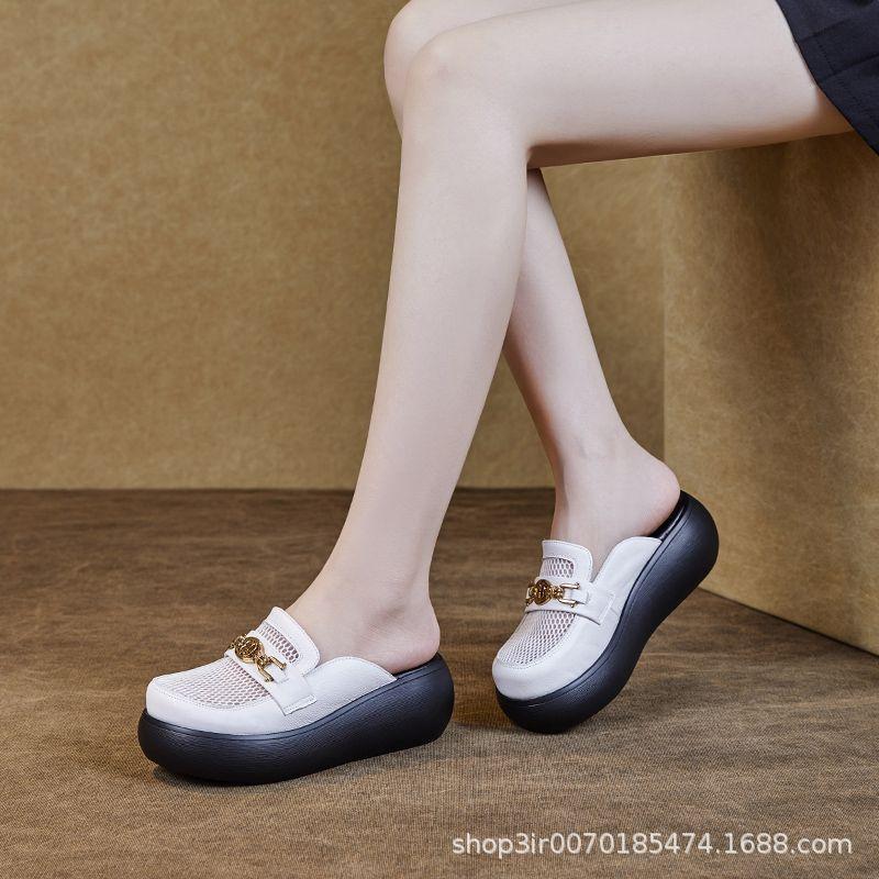 2024 summer new real soft leather bag head slippers women wear versatile thick-bottomed sandals small mesh half slippers women