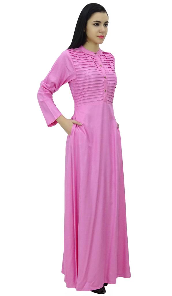 Bimba Women's Long Sleeve Maxi Mandarin Collar Plain Jilbab Dress With