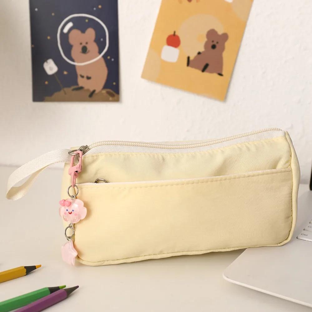 Simple Solid Color Pen Bag Double Layers Large Capacity Stationery Bag Handheld Design Pen Pouch School Office