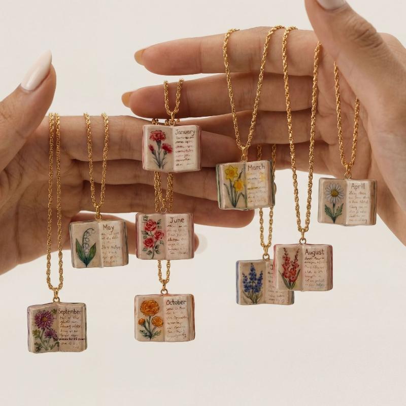 Chic Retro Porcelain Book Necklace Unique Design Birthday Gift for March Born Fashionistas