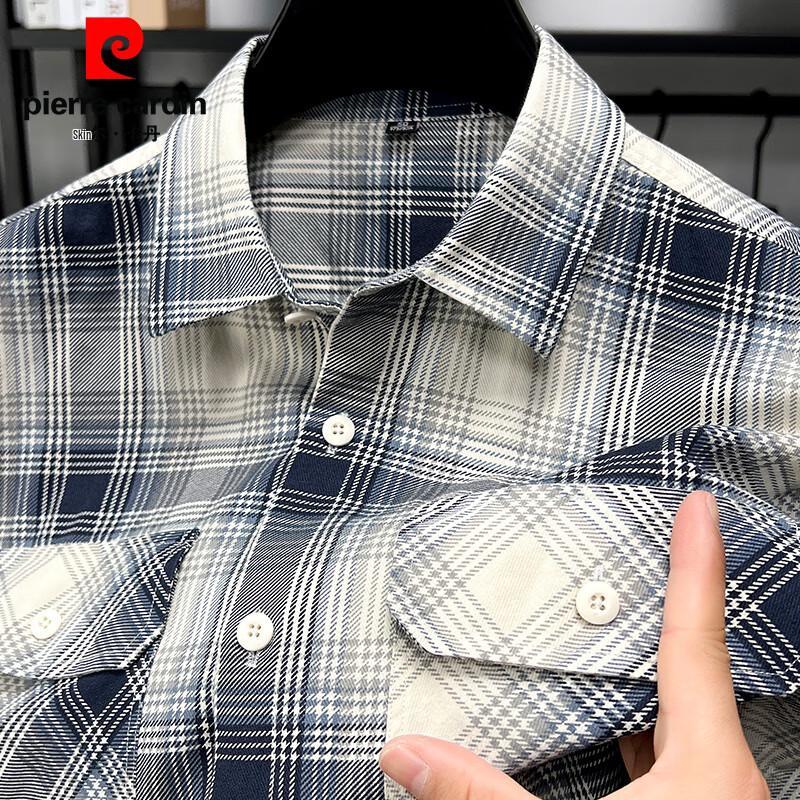 Pierre Cardin Men's Loose Pure Cotton Plaid Short Sleeve Shirt