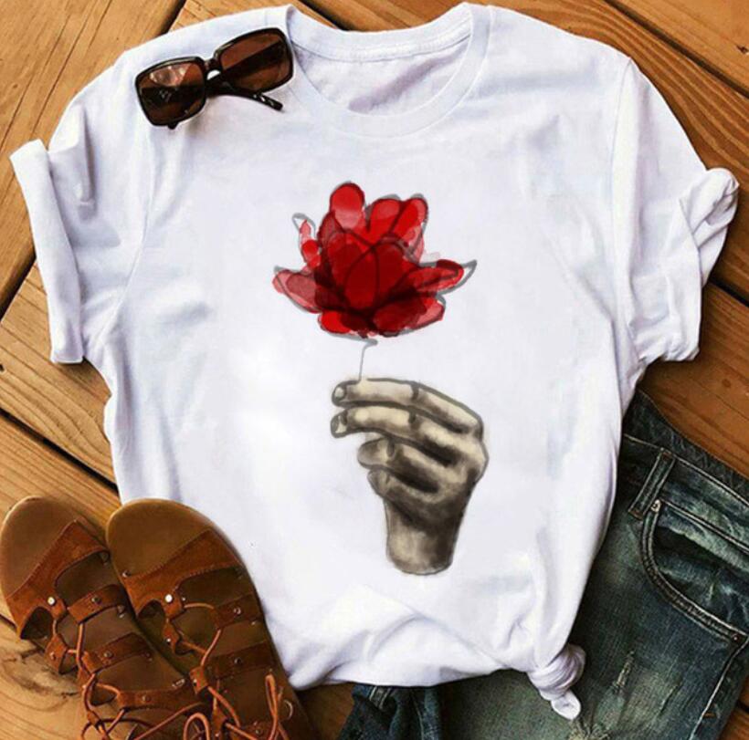 Women's Round Neck White Short-sleeved T-shirt Fashion Printed Valentine's Day Base Shirt Aesthetic Clothes Summer Polyester