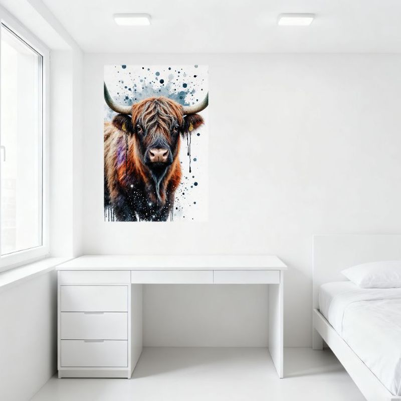 Artistic Highland Cow Watercolor Style Metal Tin Sign, Shaggy Brown Black Fur with Paint Splashes, Whimsical Abstract Wall Decor