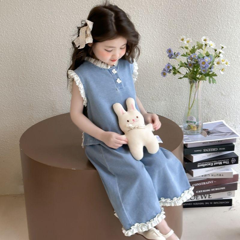 Girls' Denim Summer Set Children's Fashionable and Fashionable Baby Pleated Vest Wide Leg Pants Two-piece Set