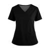 Women's Fashionable Solid Color V-neck Double Pocket Short Sleeved Shirt With Slit Hem Uniform And Worker Top