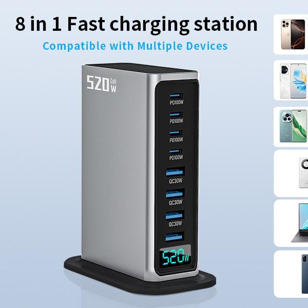 High-End 520W GaN-Ladegerät: Schnelle 8-Port-Desktop-Station mit KI-Digitalanzeige