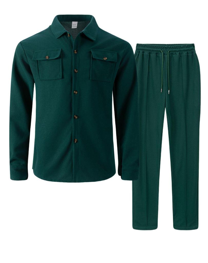 Men's Double-Pocket Waffle Two-Piece Set: Long-Sleeved Shirt and Pants for Autumn