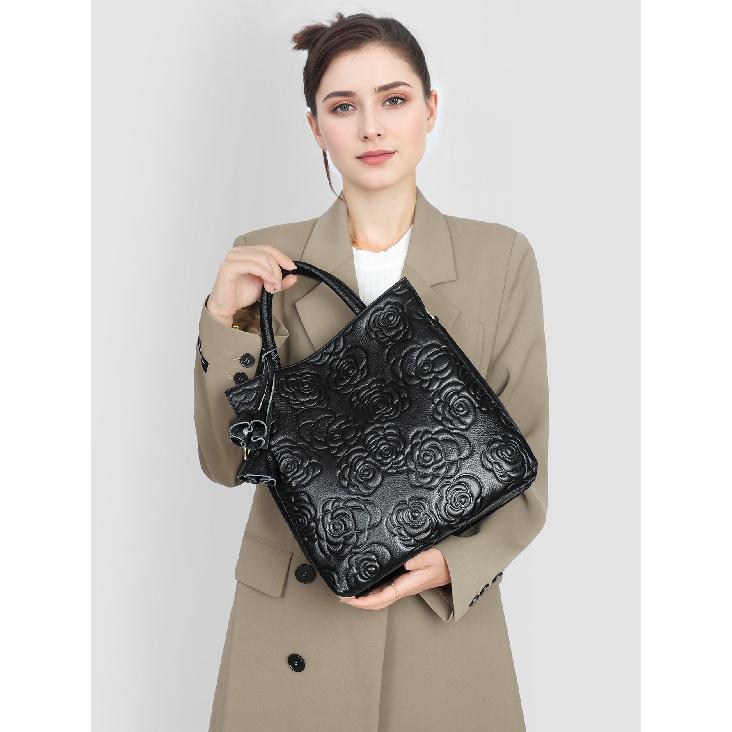 Genuine Leather Women's Bag Cowhide Bag New Camellia Handbag Fashion Large Bag Single Shoulder Crossbody Bag