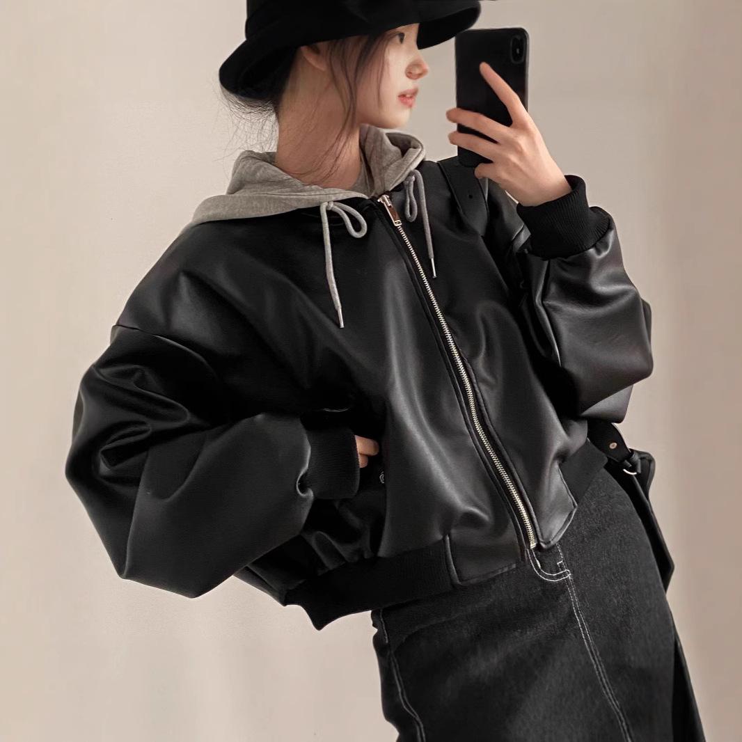 

Ретро кожаная куртка с капюшоном из двух частей на молнии One Size