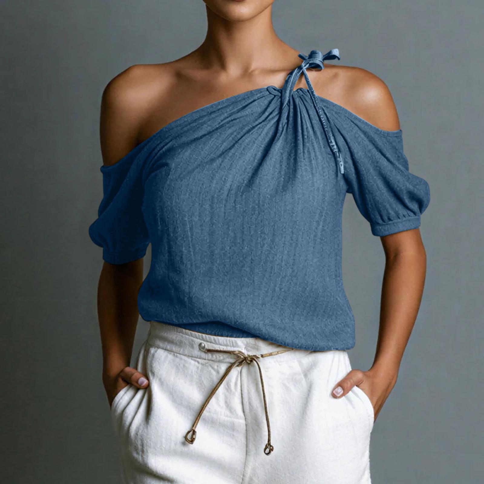 

Womens Spring Tops Off Shoulder Summer Shirts for Women Casual Design Womens Summer Shirts Relaxed Fit Womens Summer Tops Dressy Casual L синий
