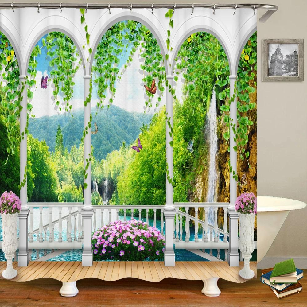 3D European Rural Flower Landscape Printing Bathroom Waterproof Shower Curtain Polyester Bath Curtain Home Decoration Curtain