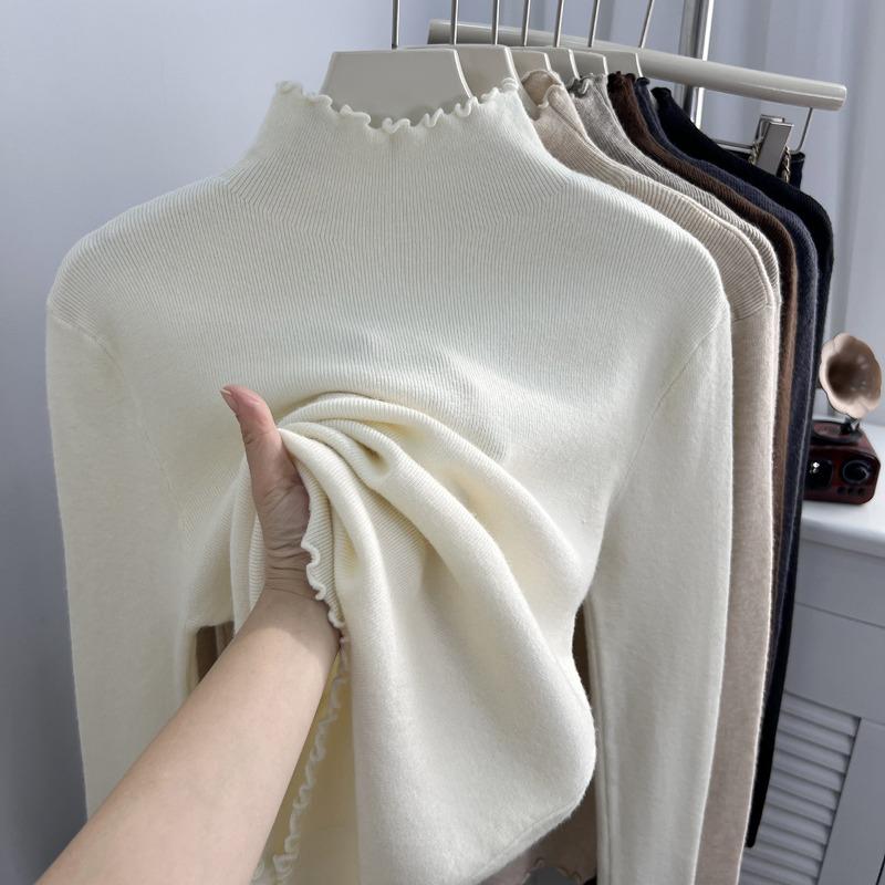 

Semi-turtleneck stacked with fungus edge knitted sweater, soft waxy sweater, female slim body with long-sleeved autumn and winter bottoming top L абрикосовый