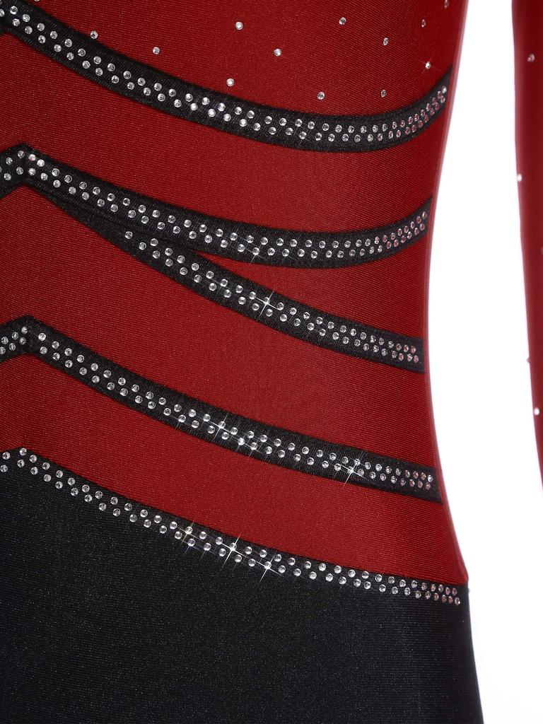 S-XXL Damen Performance Bodysuit: Rhinestone-Netz-Langarm mit Rückenausschnitt & Druckknöpfen im Schritt für Gymnastik, Eiskunstlauf
