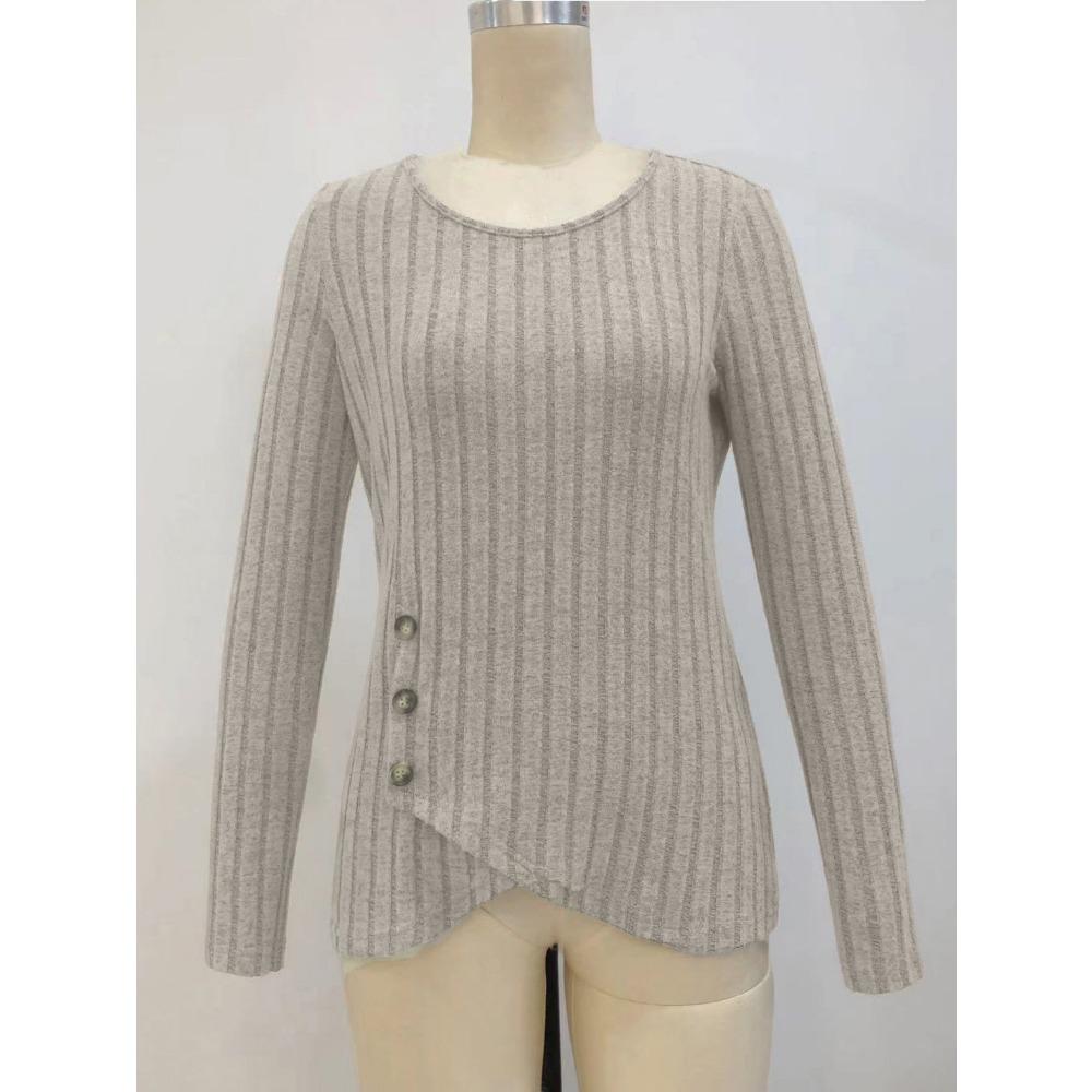 Women's Long-sleeved V-neck Top for Women's Buttons Asymmetric Knitted Base Shirt T-shirt for Women