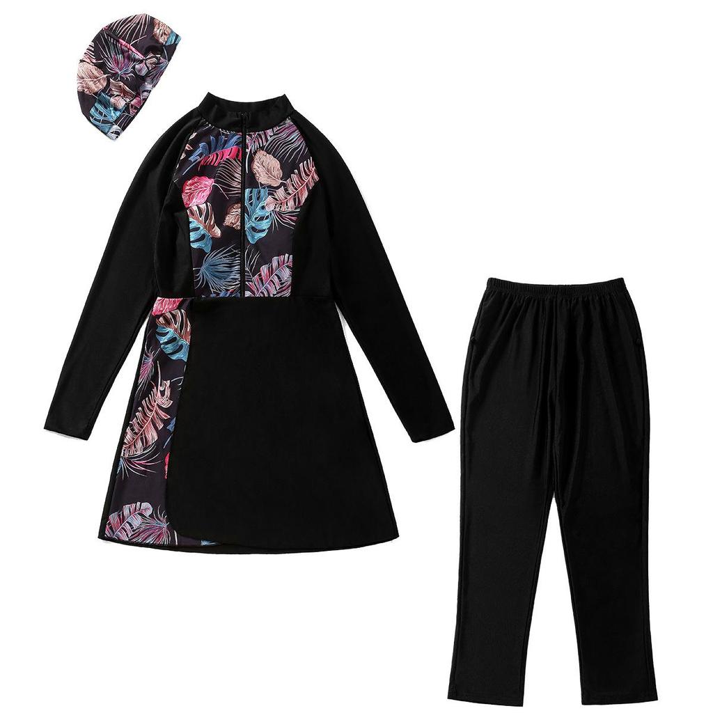 Women Printing Swimwear Muslim Bathing Suit with Cap Long Sleeve Swimsuit Full Coverage Swimming Suit 3 Pieces Sun Protection