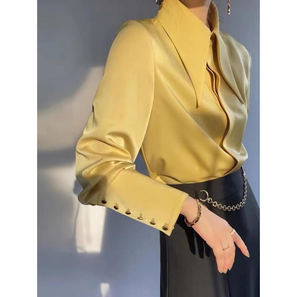 Women's High-End Satin Shirt with French Pointed Collar - Long Sleeve, Stylish Spring/Autumn Top