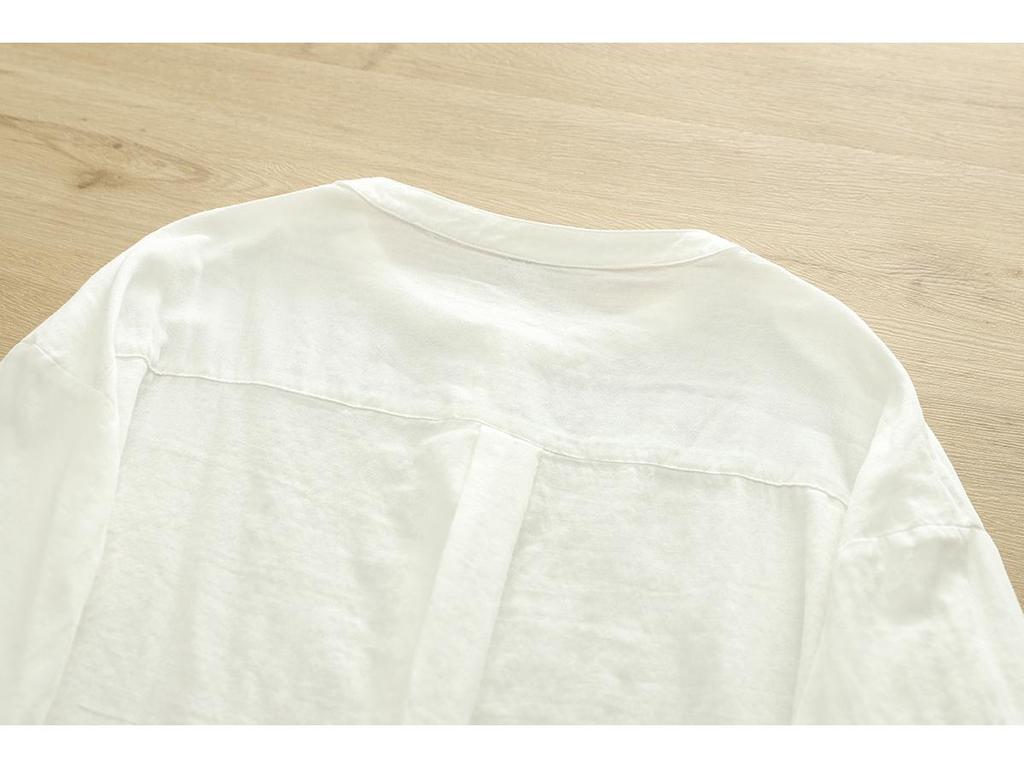 Women's Stand Collar Long Sleeve Cotton Gauze Shirt - Solid Color, Breathable, Slimming, 2026 Spring/Autumn Collection