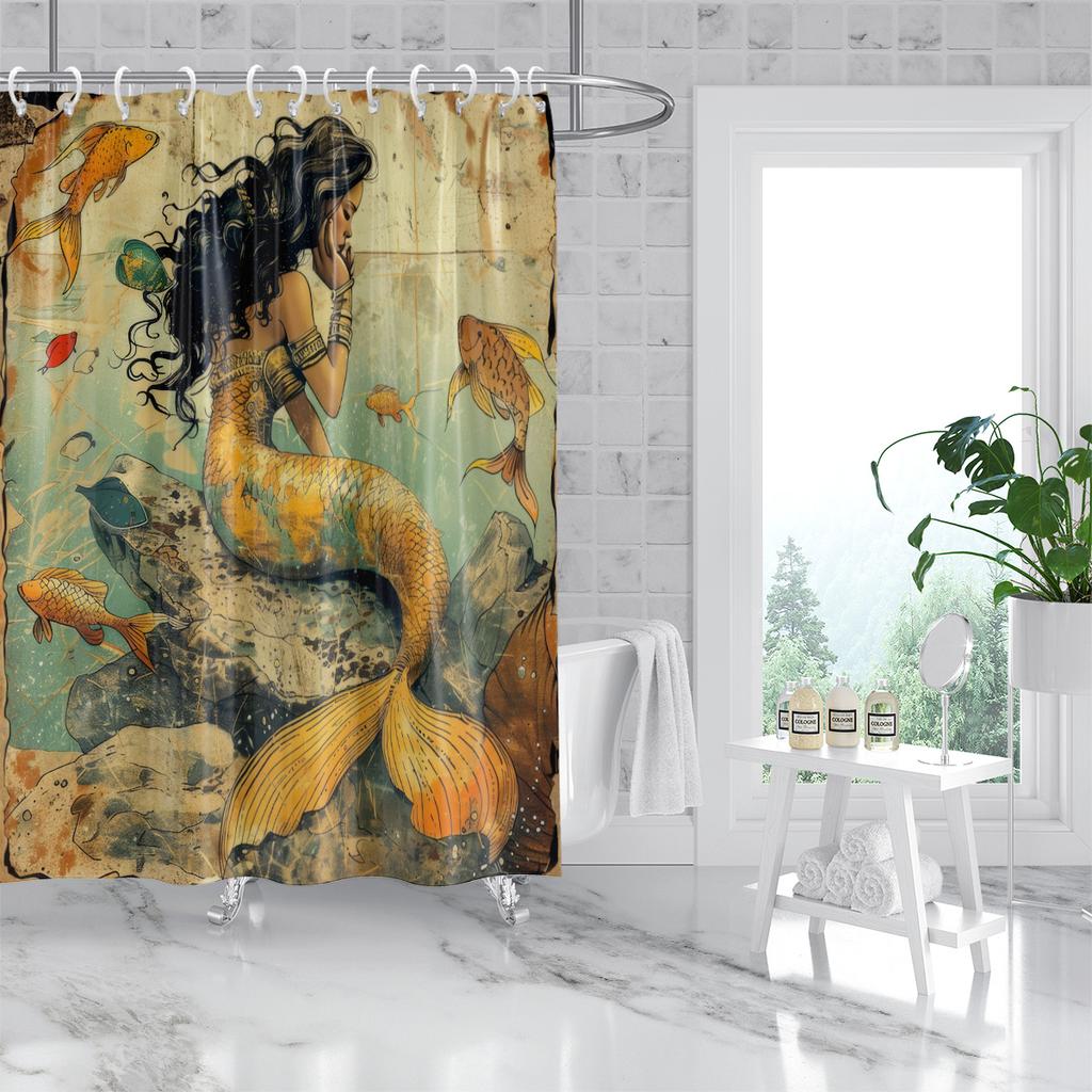 1Pc Mermaid Print Waterproof Shower Bathe Partition Curtain Multiple Sizes Protect Privacy With 12 Hooks Easy Installation