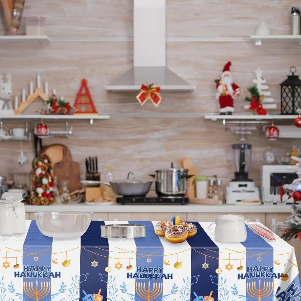 Fancy Land 3Pcs Hanukkah Tablecloth Happy Hanukkah Disposable Plastic Table Cover Blue and White Chanukah Decorations with Menorah Star of David for
