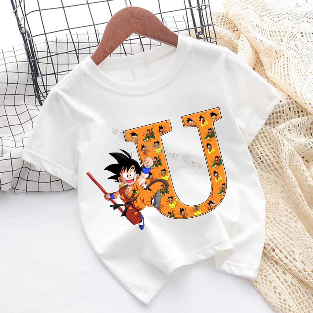 Dragon Ball Goku T-shirt for Children Cartoon Letter A-Z Tee Top Anime Round Collar Clothes Fashion Kids White Clothing Gift