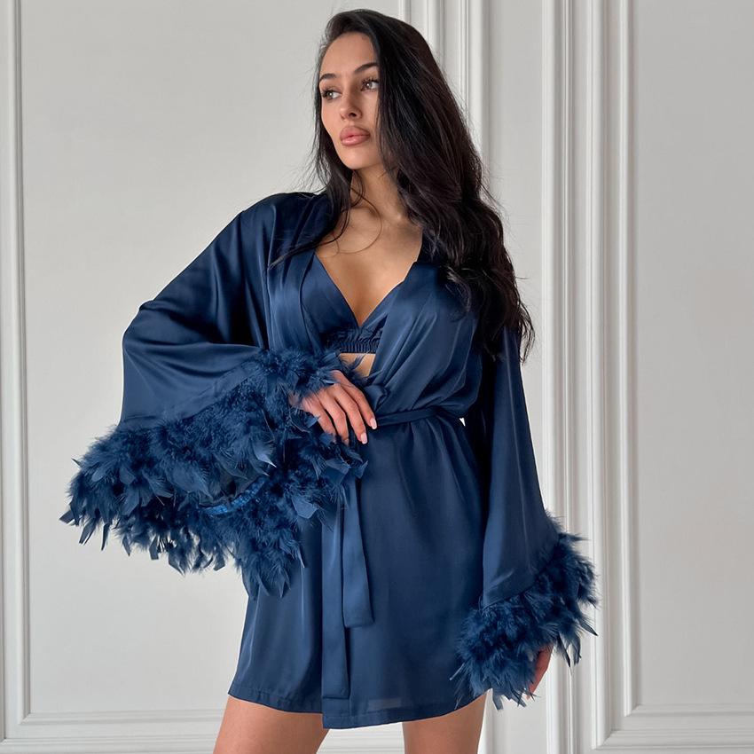 2026 Spring New Women 3-Piece Pajama Set, Satin Feather Print Lingerie Shorts & Robe, Silk-like Loungewear S