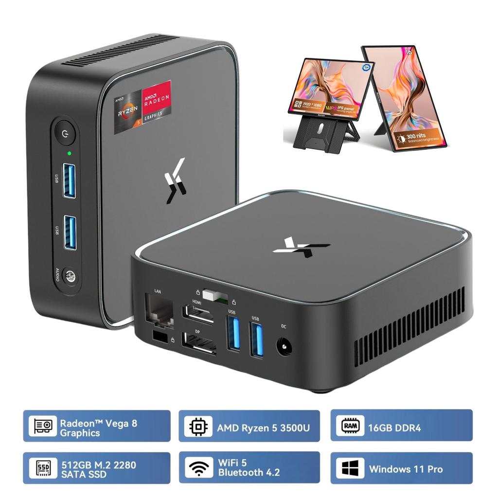 HUIDUN H80 3500U Avec Clavier QWERTY Mini PC avec AMD Ryzen™ 5 16 Go de RAM + 512 Go de SSD AMD Radeon™ RX Vega 8 Windows 11 Pro