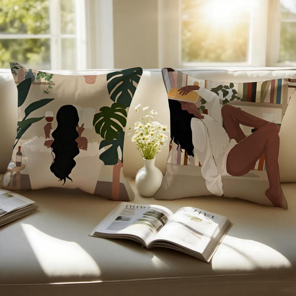 Black Woman Art Anime Cushion Cover Pillowcase Short Plush Invisible Zipper Room Sofa Cushion Cover