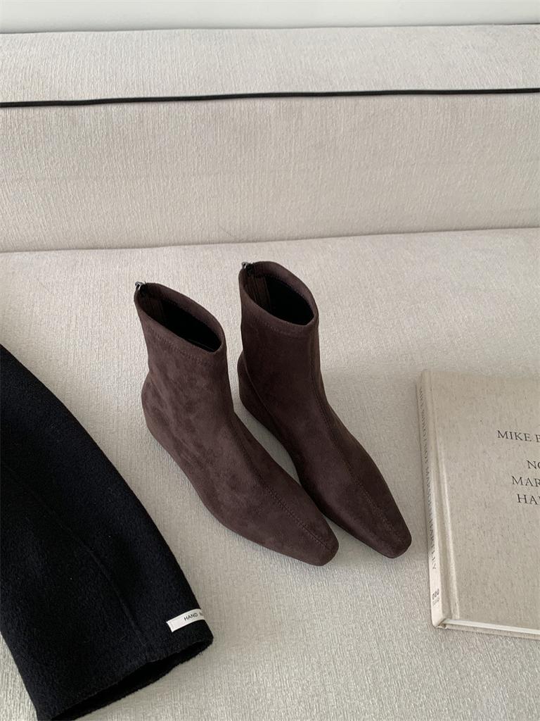 Inner Height-increasing Suede Square Head Short Boots Women's 2025 Autumn and Winter New Temperament Versatile Women's Boots, Wedge Heel Rear Zipper 