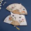 Vintage Chinese Cheongsams Folding Fan with Butterfly Flower Pattern Wood and Cotton Linen Handheld Fan with Tassels