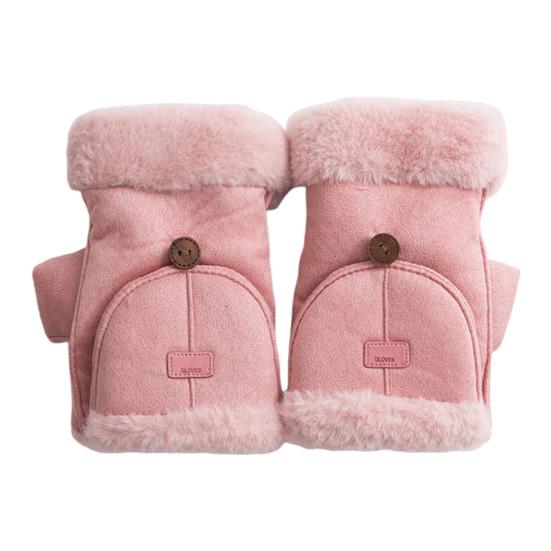 Women Winter Suede Gloves Thickened Convertible Fingerless Mittens Fleece-lined Warm Gloves with Fluffy Cuffs for Outdoor Cycling Hiking