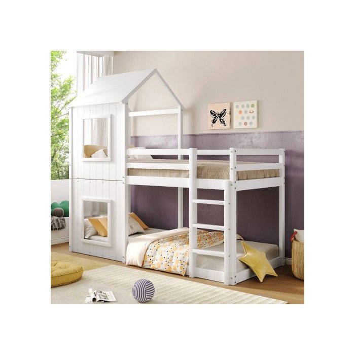 Etagenbett - MUVOE - 90x200 cm - Massivholz - Weiß - Mit Leiter und Baldachin