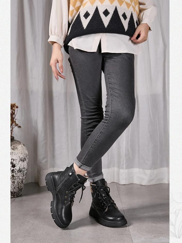 Johnature Moteriški batai iš natūralios odos, medvilniniai batai, iš karvės odos, pliušiniai, šilti, apvaliu priekiu, storapadžiai, aulinukai