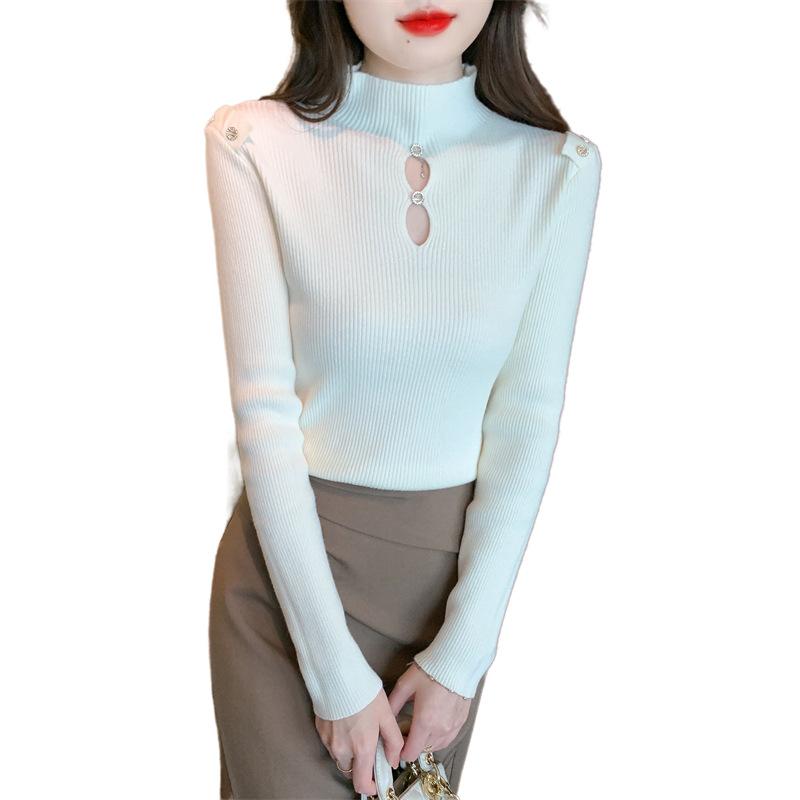 Autumn and Winter Women's Knitwear Half-high Neck Bottoming Shirt Inside The Hollow Beaded Knitwear Long-sleeved Tops
