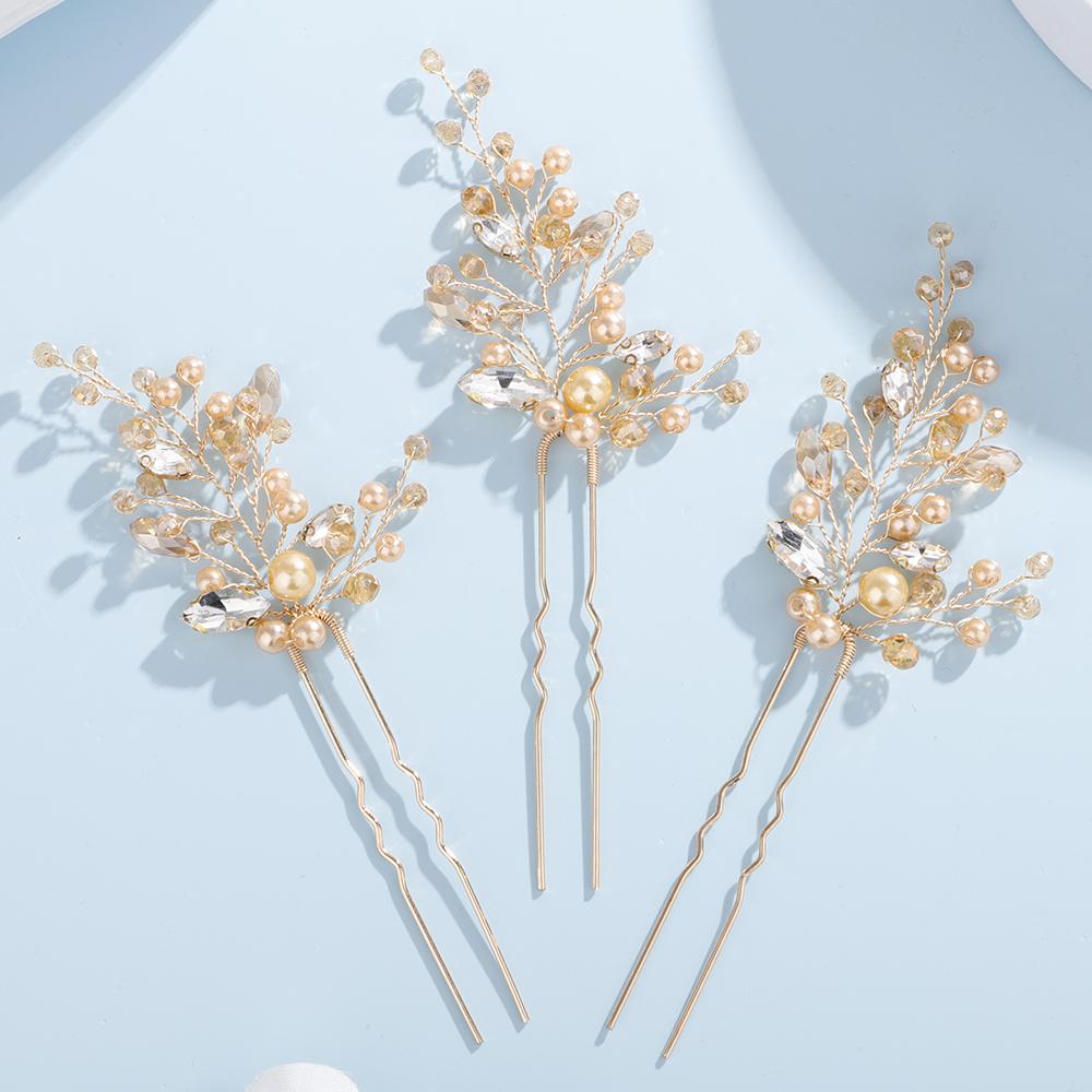 

3 Pcs Pearl Rhinestone Bridal Headpiece Handmade Silver Gold Wedding Hair Pins Party Hair Accessories for Women and Girls Tiaras