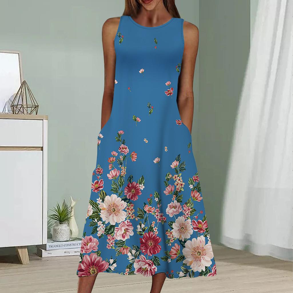 

Летнее модное сексуальное платье без рукавов, мягкое повседневное платье с принтом 3D и красочными падающими цветами, платье без рукавов на бретельках 4XL синий