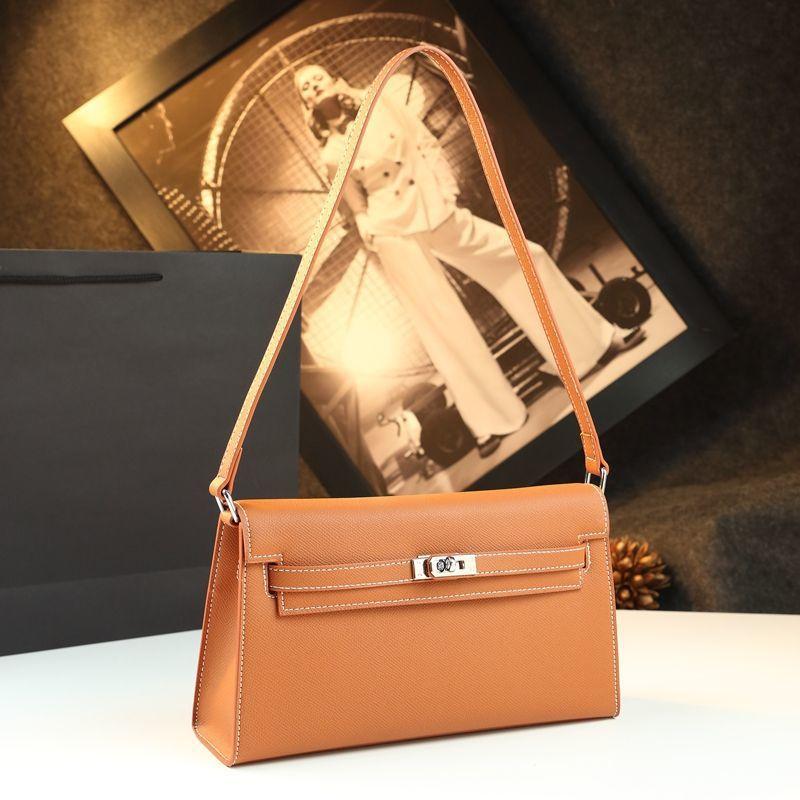 French Underarm Bag Leather Kelly Bag Temperament High-End Commuting Light Luxury Oblique Span Women S Bag Atmosphere коричневый