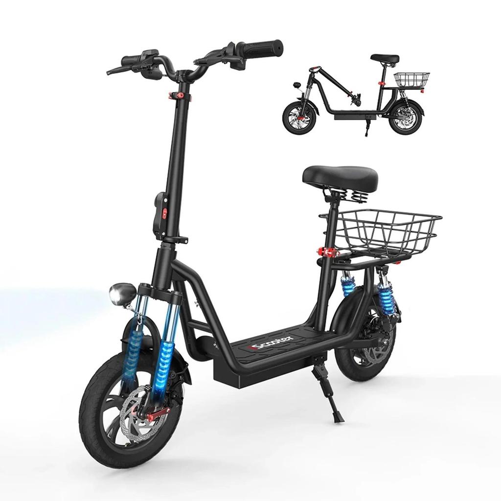 12" 500W 25km/h iScooter I12 E-Scooter with Seat & Basket, 36V 7.5Ah, Full Suspension, Dual Disc Brakes, Folding City E-Scooter