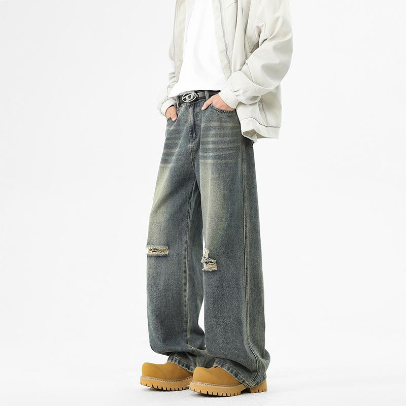Ретро рваные джинсы мужские весенние новые свободные широкие повседневные брюки мужские прямые брюки S