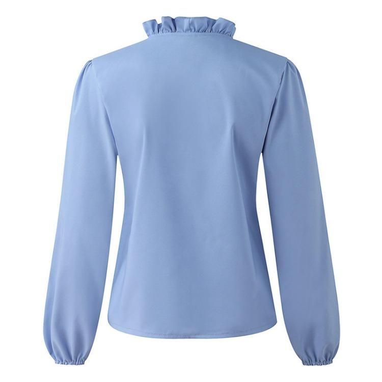 Comfortable Elegant Ruffle Blouse Long Sleeve Solid Color Womens Fashion Shirt