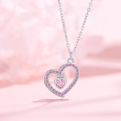 Oryginalny naszyjnik z różowymi diamentami Love dla kobiet, lekki, luksusowy, wnękowy, z cyrkonii, pusty, w kształcie serca, ze stali nierdzewnej, łańcuszek na obojczyk