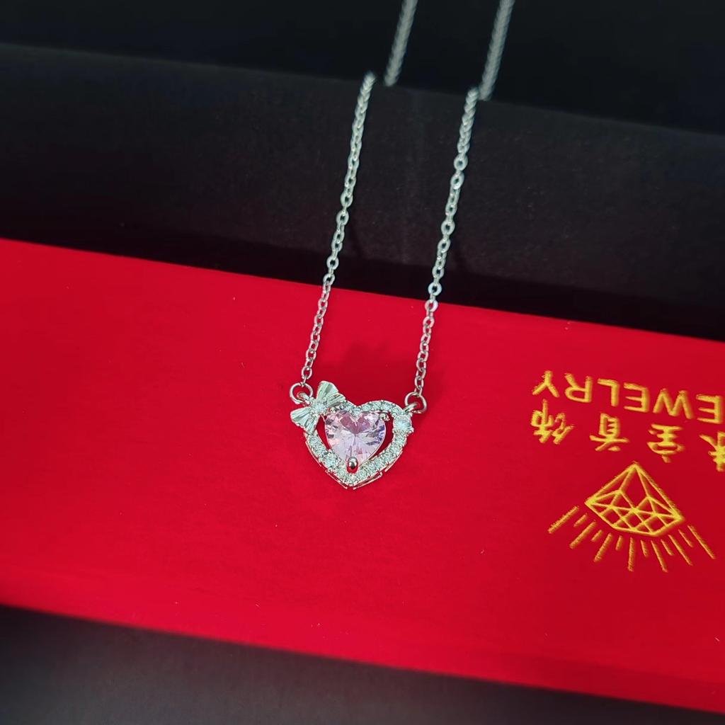 Pink Zirconium Love Necklace Women'S High-End Simple And Sweet Bow Heart Pendant Accessories